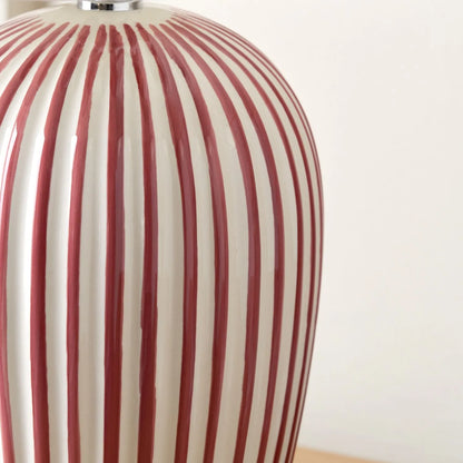 Mulberry Red & White Striped Ceramic Table Lamp With White Cotton Tapered Shade – Ribbed Bulbous Base Bedside Light 45x30x30cm | Click Style