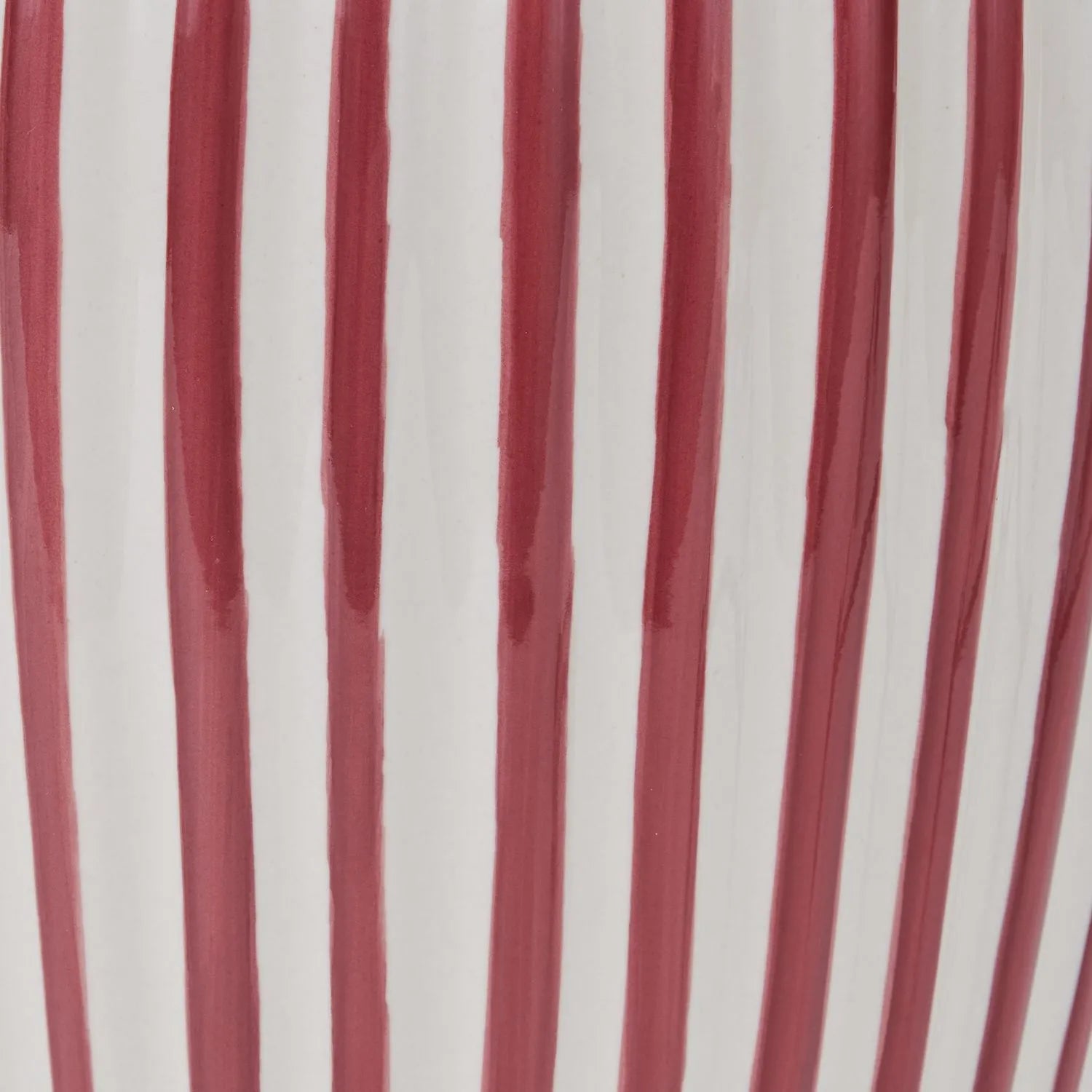 Mulberry Red & White Striped Ceramic Table Lamp With White Cotton Tapered Shade – Ribbed Bulbous Base Bedside Light 45x30x30cm | Click Style