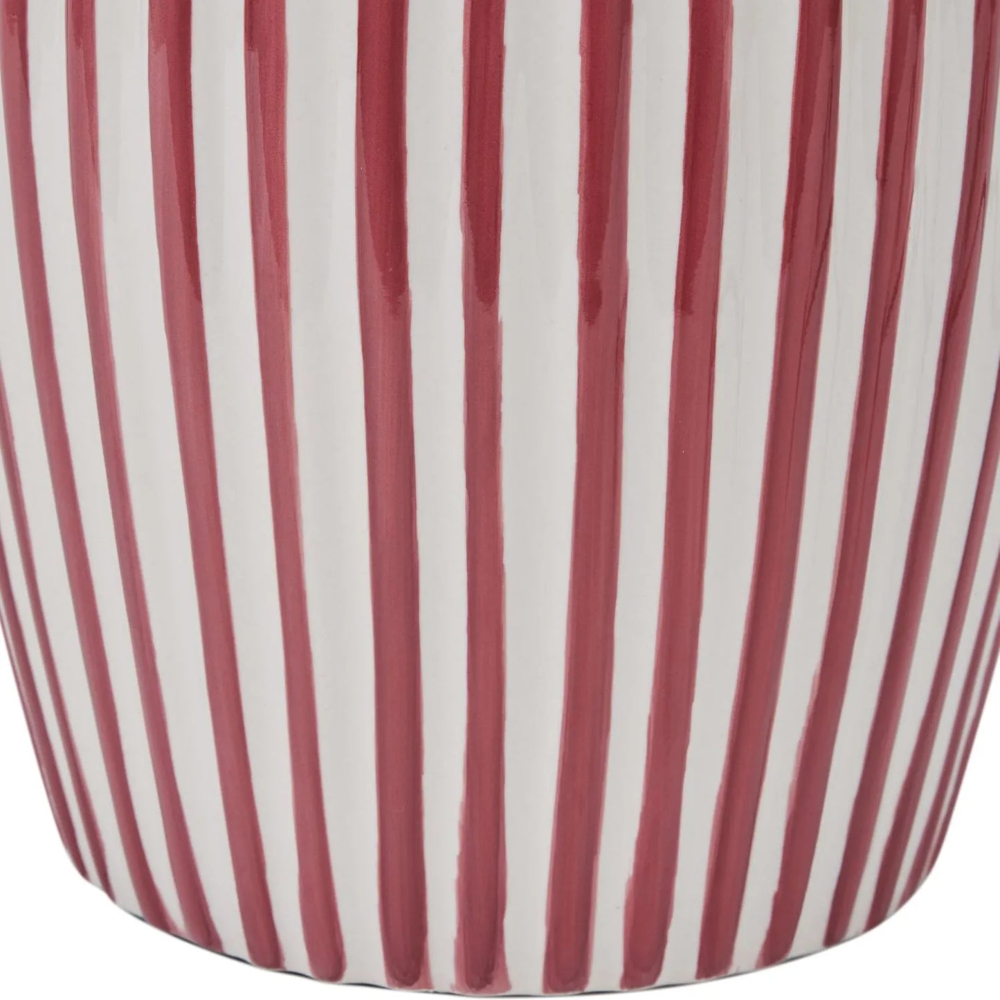 Mulberry Red & White Striped Ceramic Table Lamp With White Cotton Tapered Shade – Ribbed Bulbous Base Bedside Light 45x30x30cm | Click Style