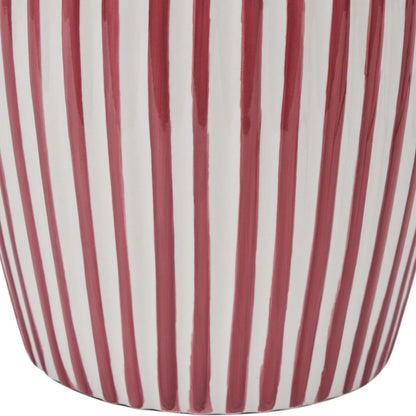 Mulberry Red & White Striped Ceramic Table Lamp With White Cotton Tapered Shade – Ribbed Bulbous Base Bedside Light 45x30x30cm | Click Style