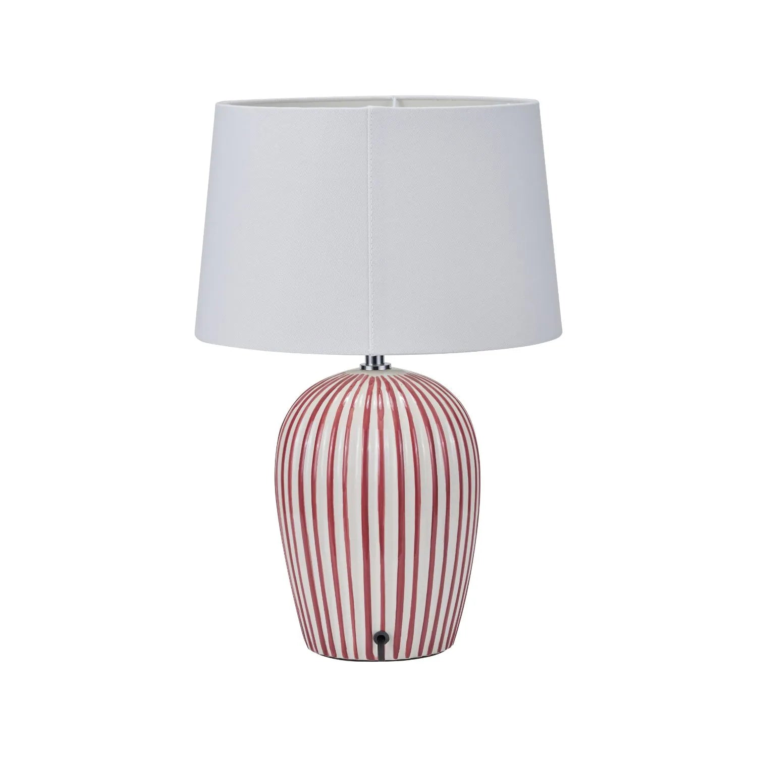 Mulberry Red & White Striped Ceramic Table Lamp With White Cotton Tapered Shade – Ribbed Bulbous Base Bedside Light 45x30x30cm | Click Style
