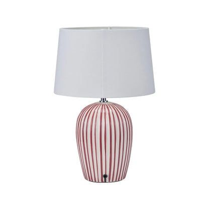Mulberry Red & White Striped Ceramic Table Lamp With White Cotton Tapered Shade – Ribbed Bulbous Base Bedside Light 45x30x30cm | Click Style