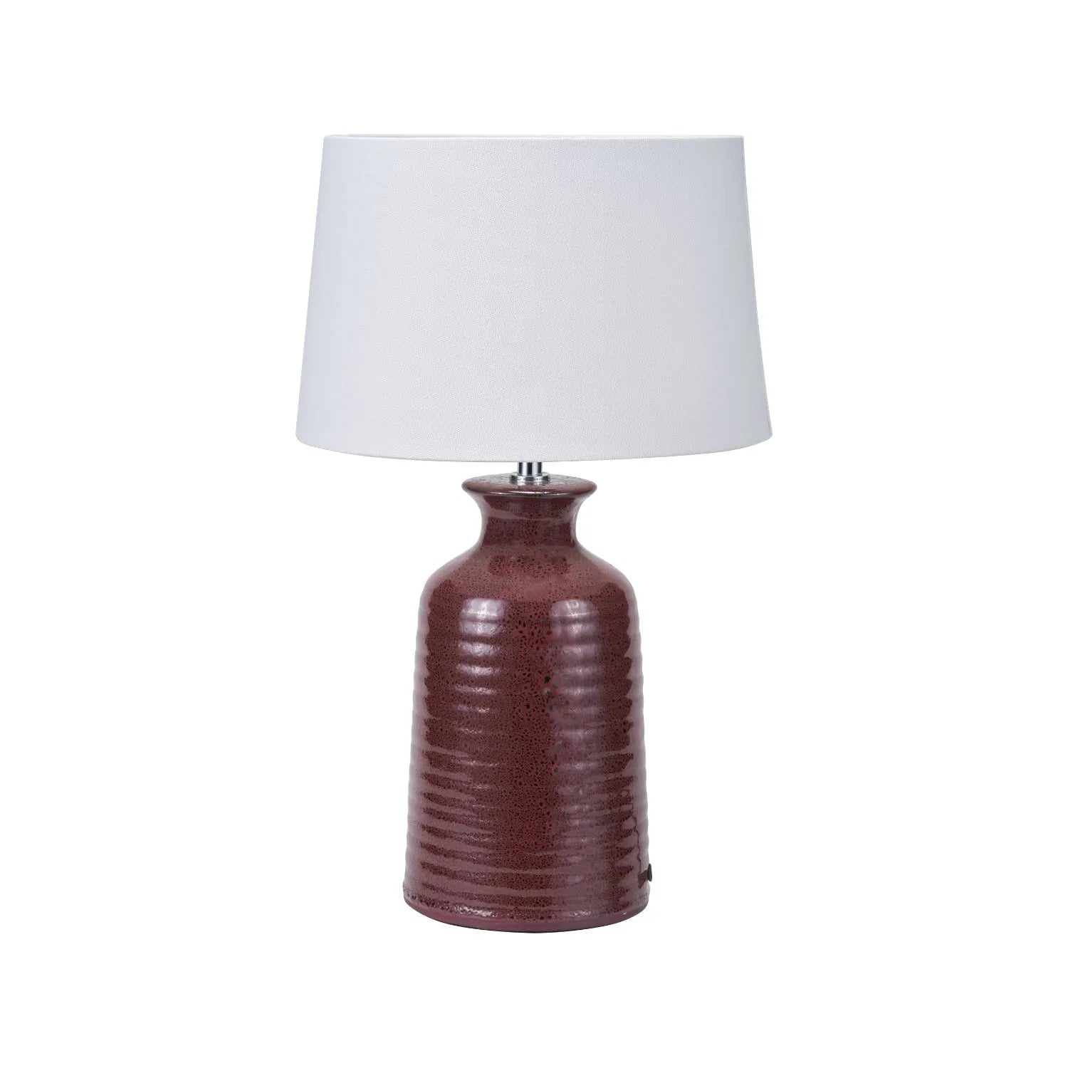 Mulberry Ribbed Ceramic Table Lamp with White Tapered Cotton Shade & Reactive Glaze Finish – Sculptural Bottle-Shaped Table Light 49x30x30cm | Click Style