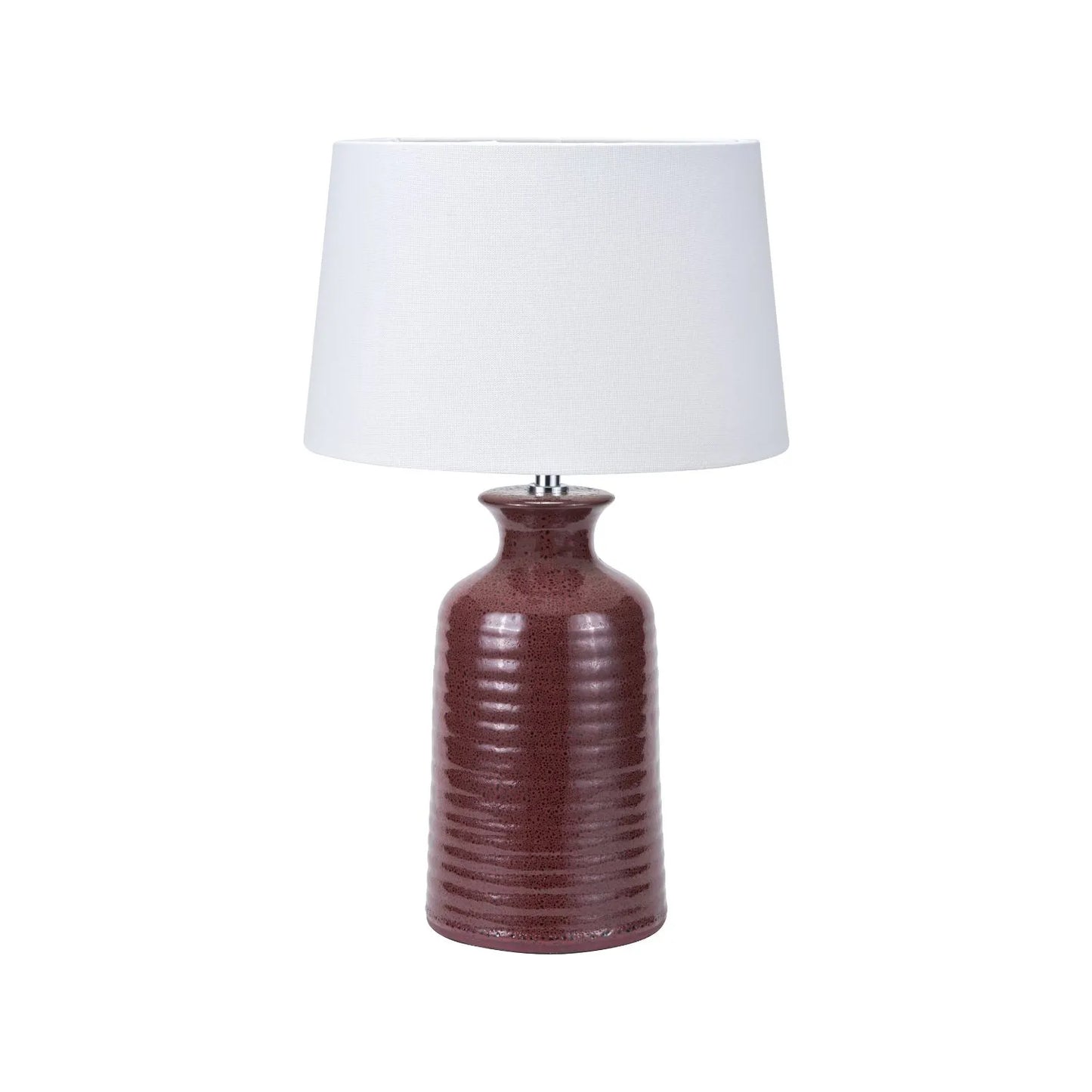 Mulberry Ribbed Ceramic Table Lamp with White Tapered Cotton Shade & Reactive Glaze Finish – Sculptural Bottle-Shaped Table Light 49x30x30cm | Click Style