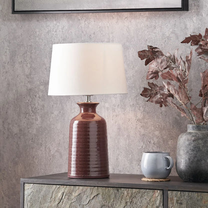 Mulberry Ribbed Ceramic Table Lamp with White Tapered Cotton Shade & Reactive Glaze Finish – Sculptural Bottle-Shaped Table Light 49x30x30cm | Click Style