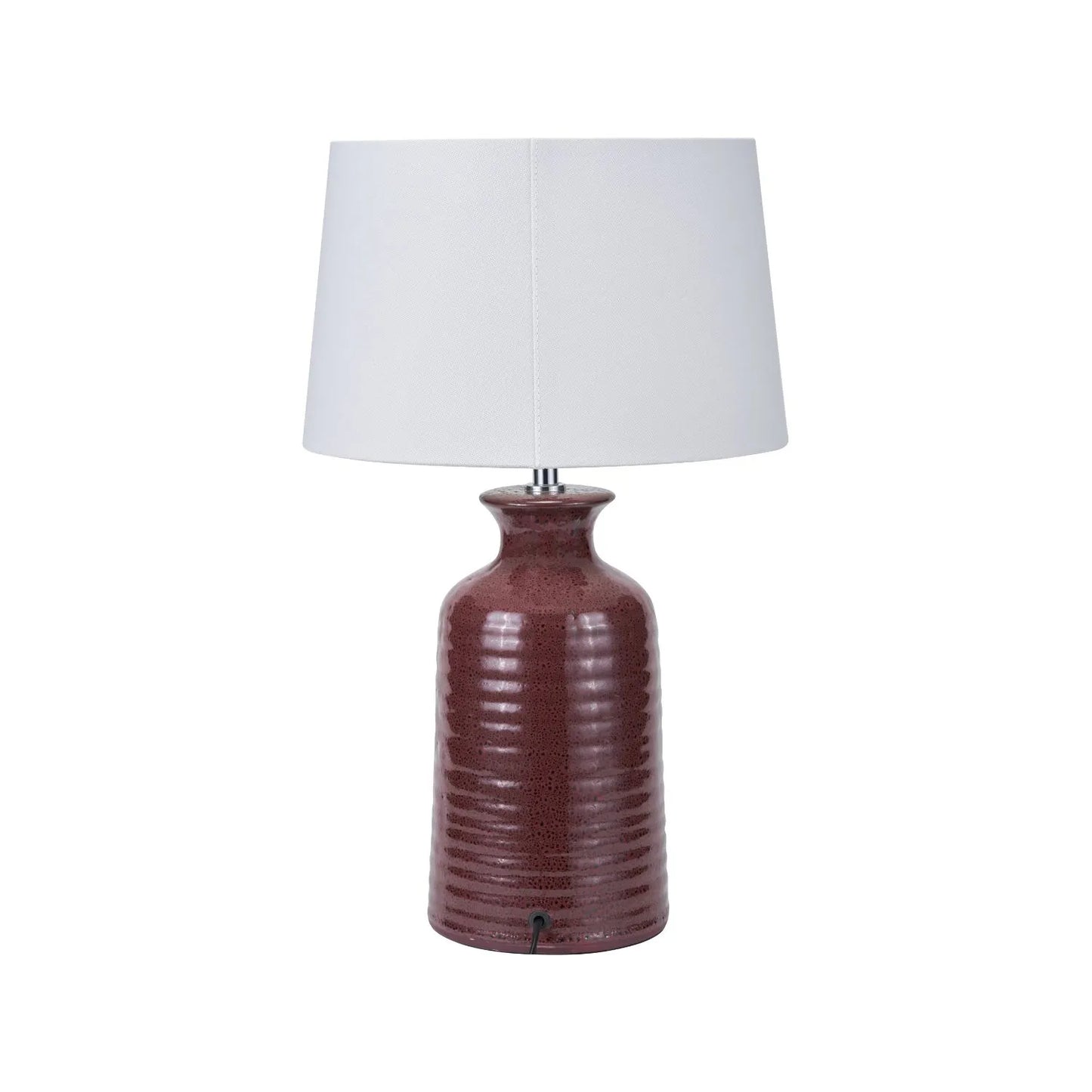 Mulberry Ribbed Ceramic Table Lamp with White Tapered Cotton Shade & Reactive Glaze Finish – Sculptural Bottle-Shaped Table Light 49x30x30cm | Click Style
