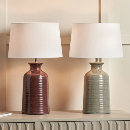 Mulberry Ribbed Ceramic Table Lamp with White Tapered Cotton Shade & Reactive Glaze Finish – Sculptural Bottle-Shaped Table Light 49x30x30cm | Click Style