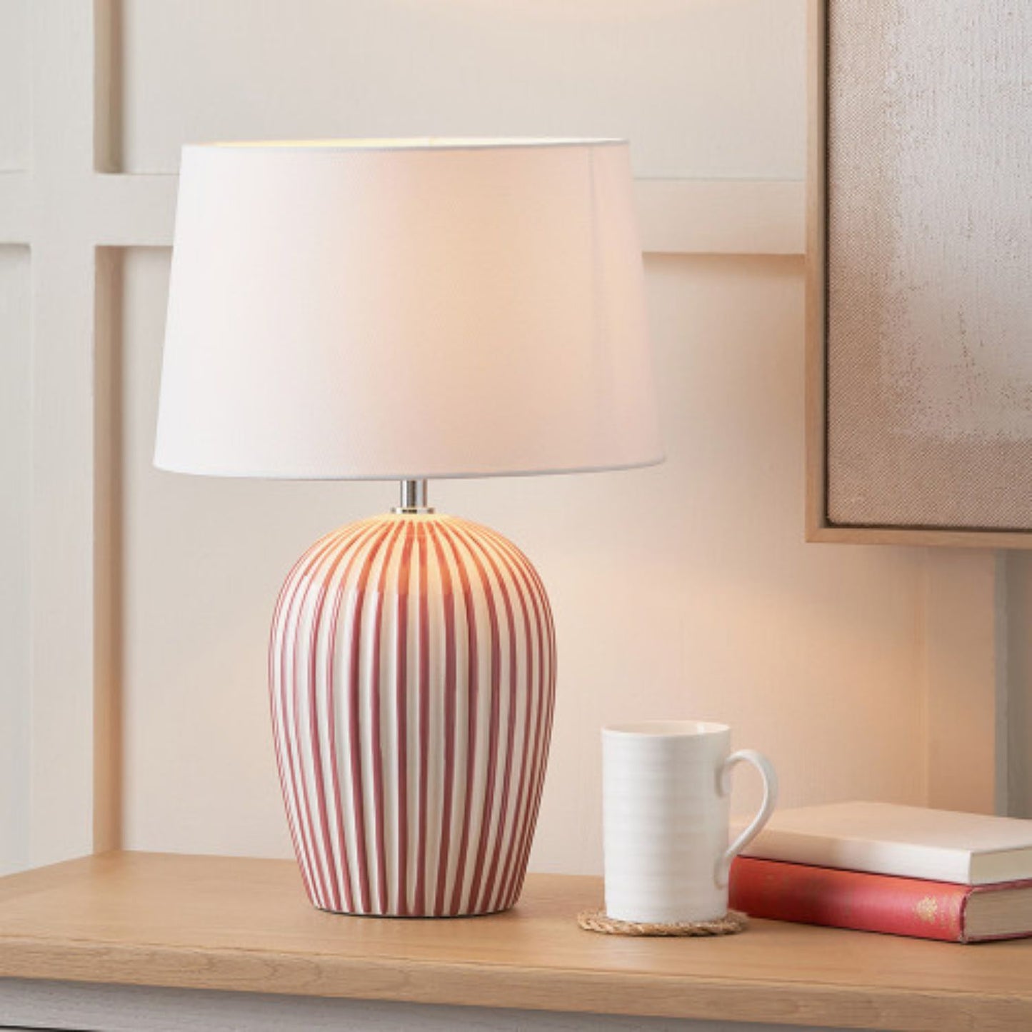 Mulberry Red & White Striped Ceramic Table Lamp With White Cotton Tapered Shade – Ribbed Bulbous Base Bedside Light 45x30x30cm | Click Style