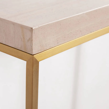 Narrow Beige Granite Console Table with Burnished Gold Metal Open Frame – Slim Modern Stone-Top Hallway Table 80x100x30cm | Polished Granite Top | Click Style