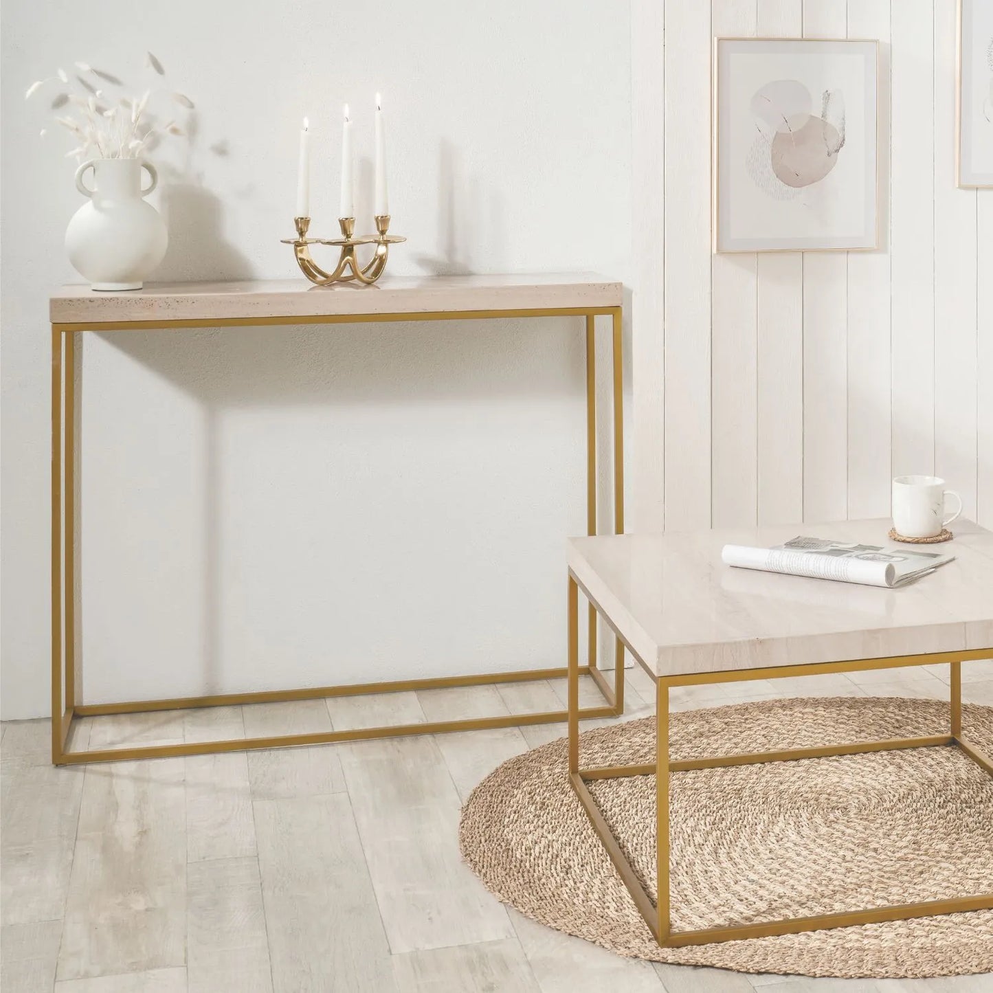 Narrow Beige Granite Console Table with Burnished Gold Metal Open Frame – Slim Modern Stone-Top Hallway Table 80x100x30cm | Polished Granite Top | Click Style