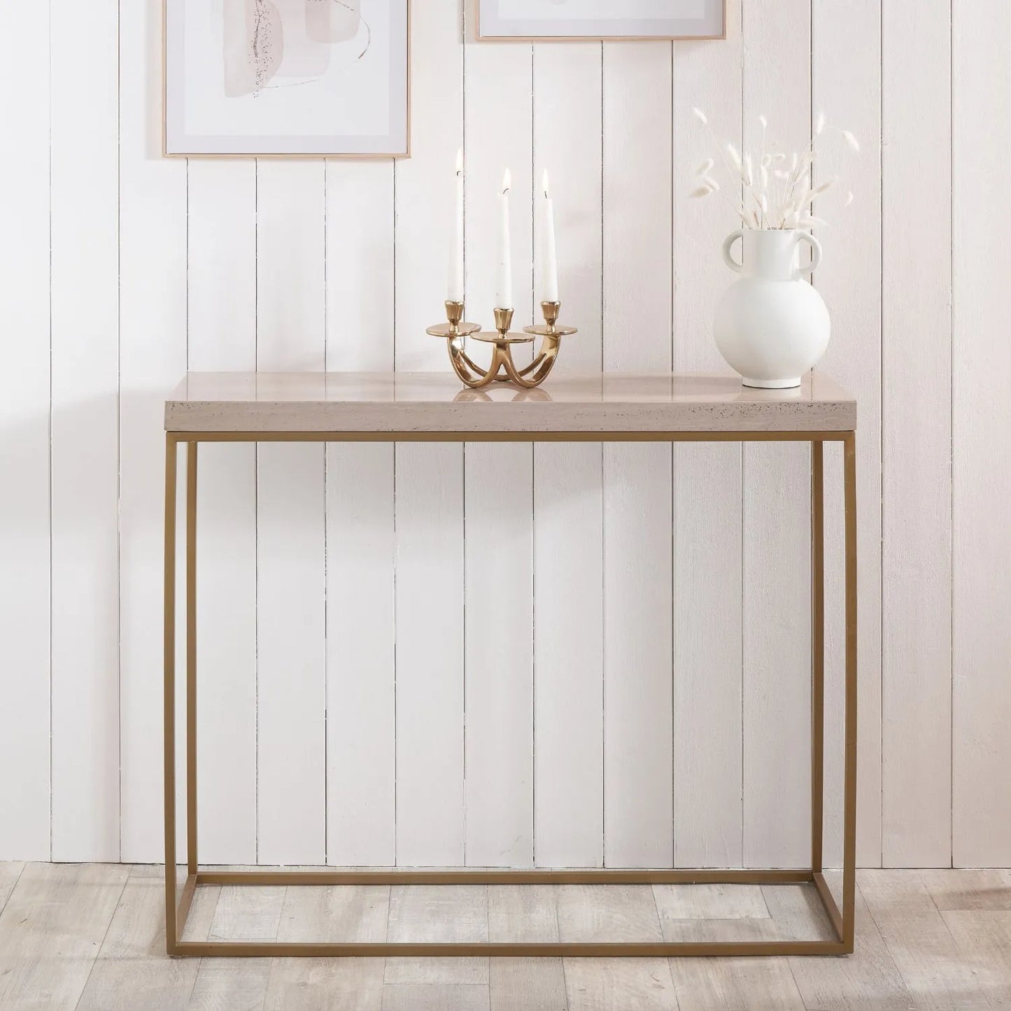 Narrow Beige Granite Console Table with Burnished Gold Metal Open Frame – Slim Modern Stone-Top Hallway Table 80x100x30cm | Polished Granite Top | Click Style