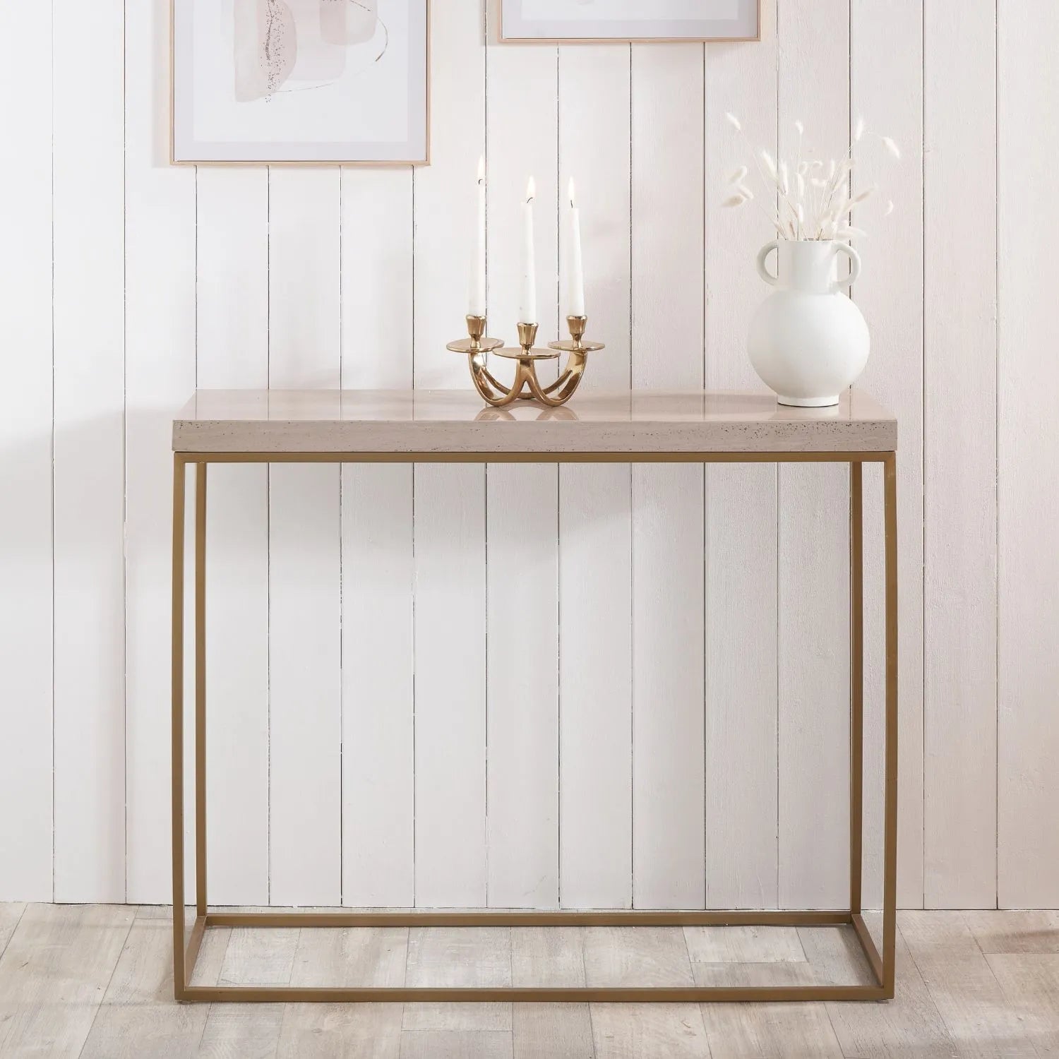 Narrow Beige Granite Console Table with Burnished Gold Metal Open Frame – Slim Modern Stone-Top Hallway Table 80x100x30cm | Polished Granite Top | Click Style
