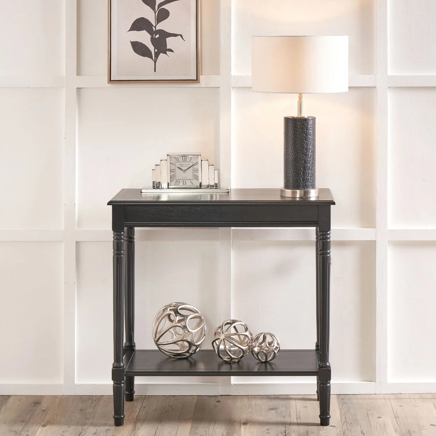 Narrow Black Wooden Console Table with Shelf – Slim 80cm Pine Hallway Console Table with Turned Legs & Lower Storage 80x80x36cm | Click Style