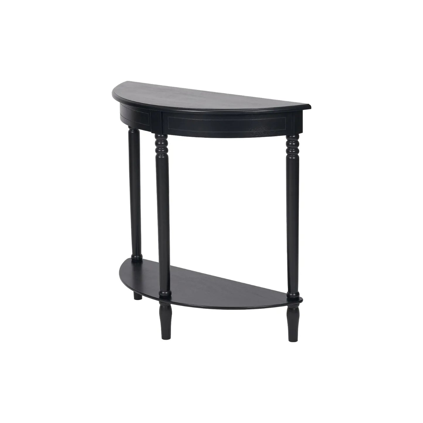 Narrow black wooden half moon console table with lower shelf, slim 30cm pine hallway table with turned legs 80x80x30cm | Click Style