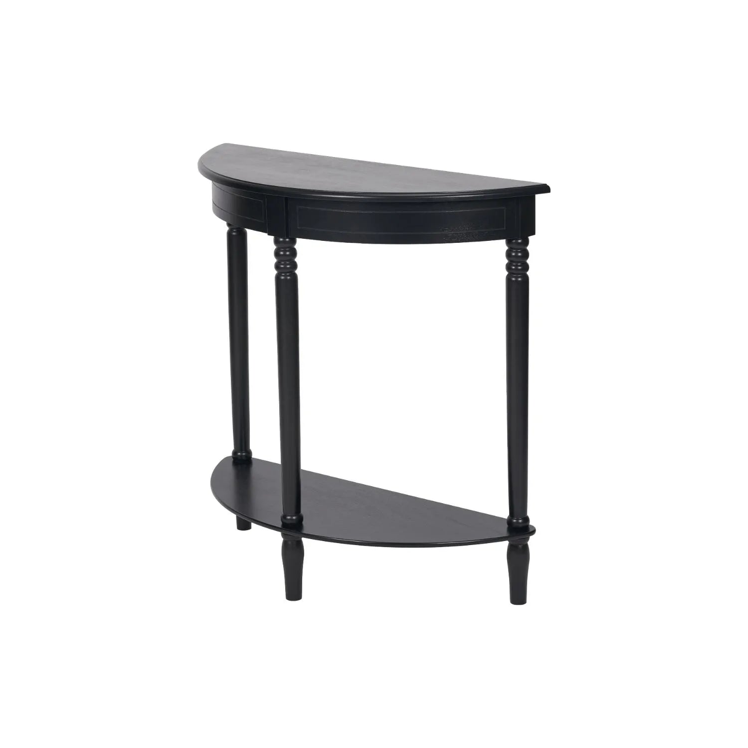 Narrow black wooden half moon console table with lower shelf, slim 30cm pine hallway table with turned legs 80x80x30cm | Click Style