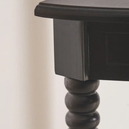 Narrow black wooden half moon console table with lower shelf, slim 30cm pine hallway table with turned legs 80x80x30cm | Click Style