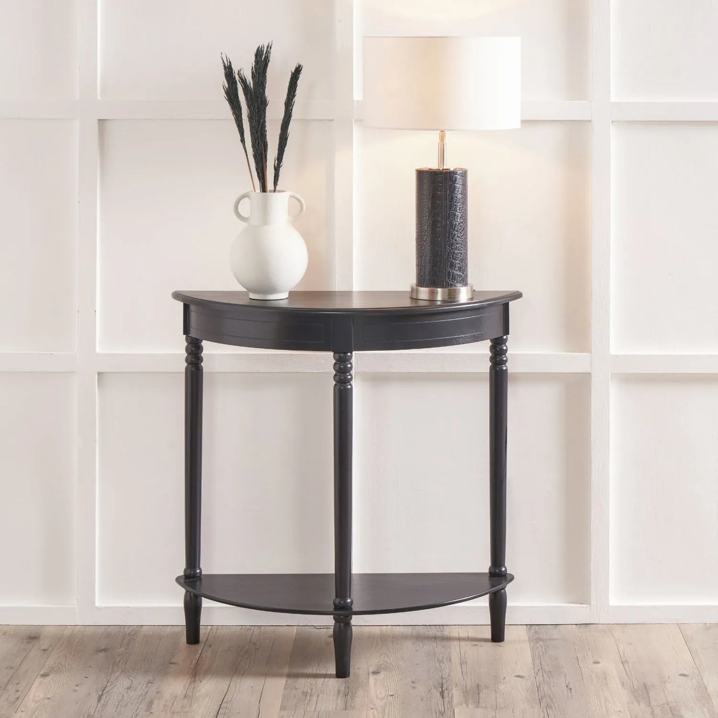 Narrow black wooden half moon console table with lower shelf, slim 30cm pine hallway table with turned legs 80x80x30cm | Click Style