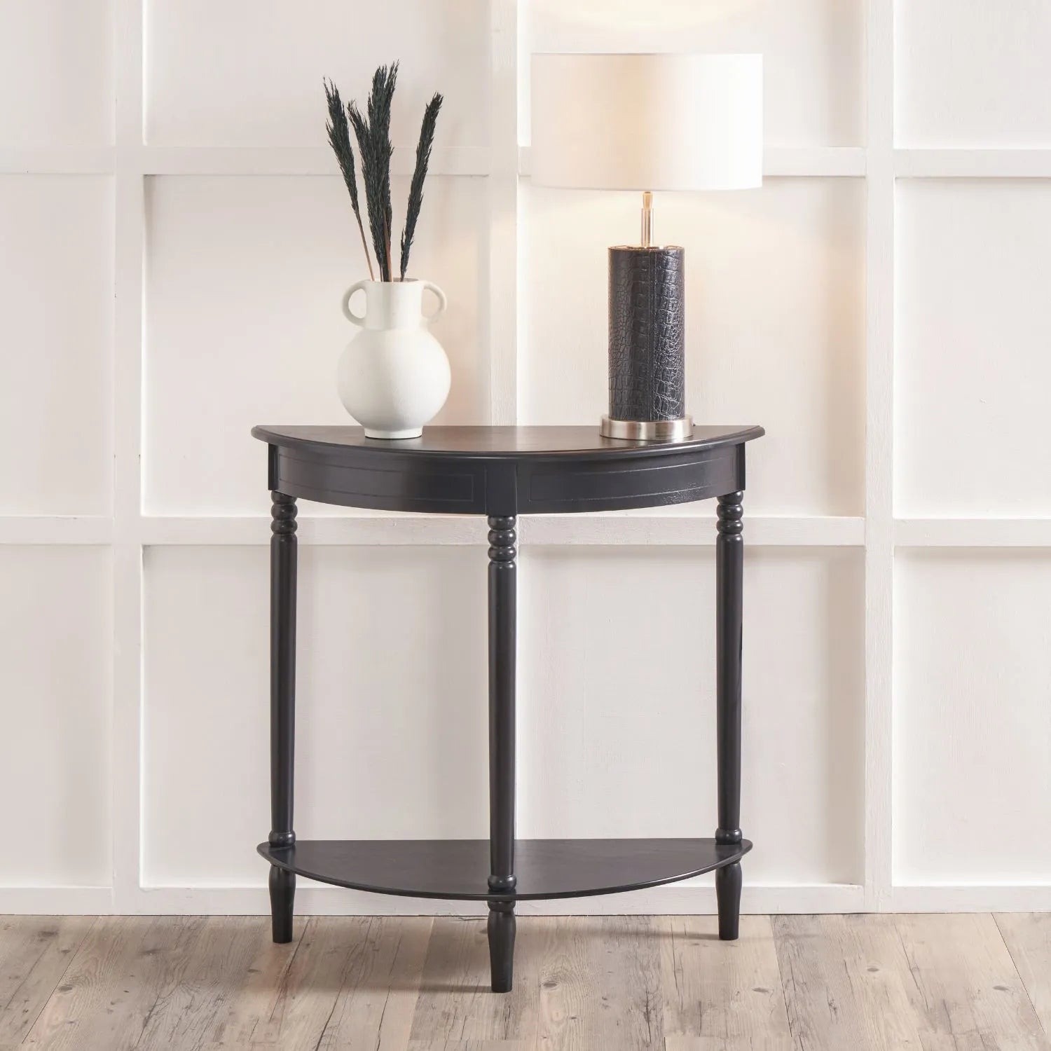 Narrow black wooden half moon console table with lower shelf, slim 30cm pine hallway table with turned legs 80x80x30cm | Click Style