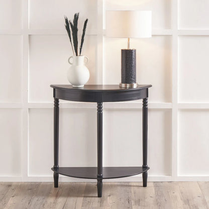 Narrow black wooden half moon console table with lower shelf, slim 30cm pine hallway table with turned legs 80x80x30cm | Click Style