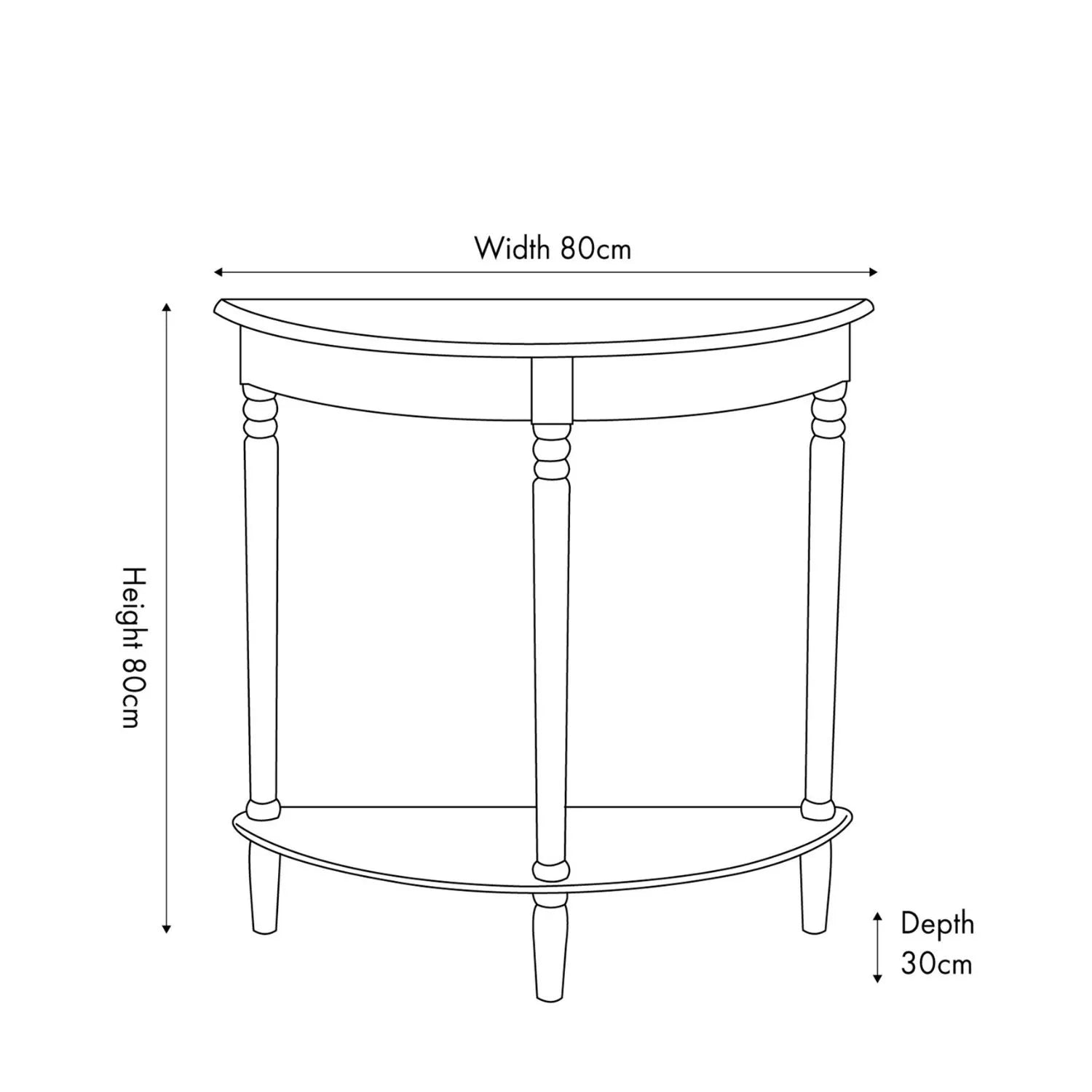 Narrow black wooden half moon console table with lower shelf, slim 30cm pine hallway table with turned legs dimensions 80x80x30cm | Click Style