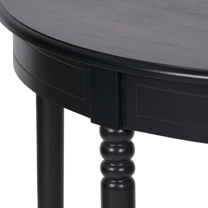 Narrow black wooden half moon console table with lower shelf, slim 30cm pine hallway table with turned legs 80x80x30cm | Click Style