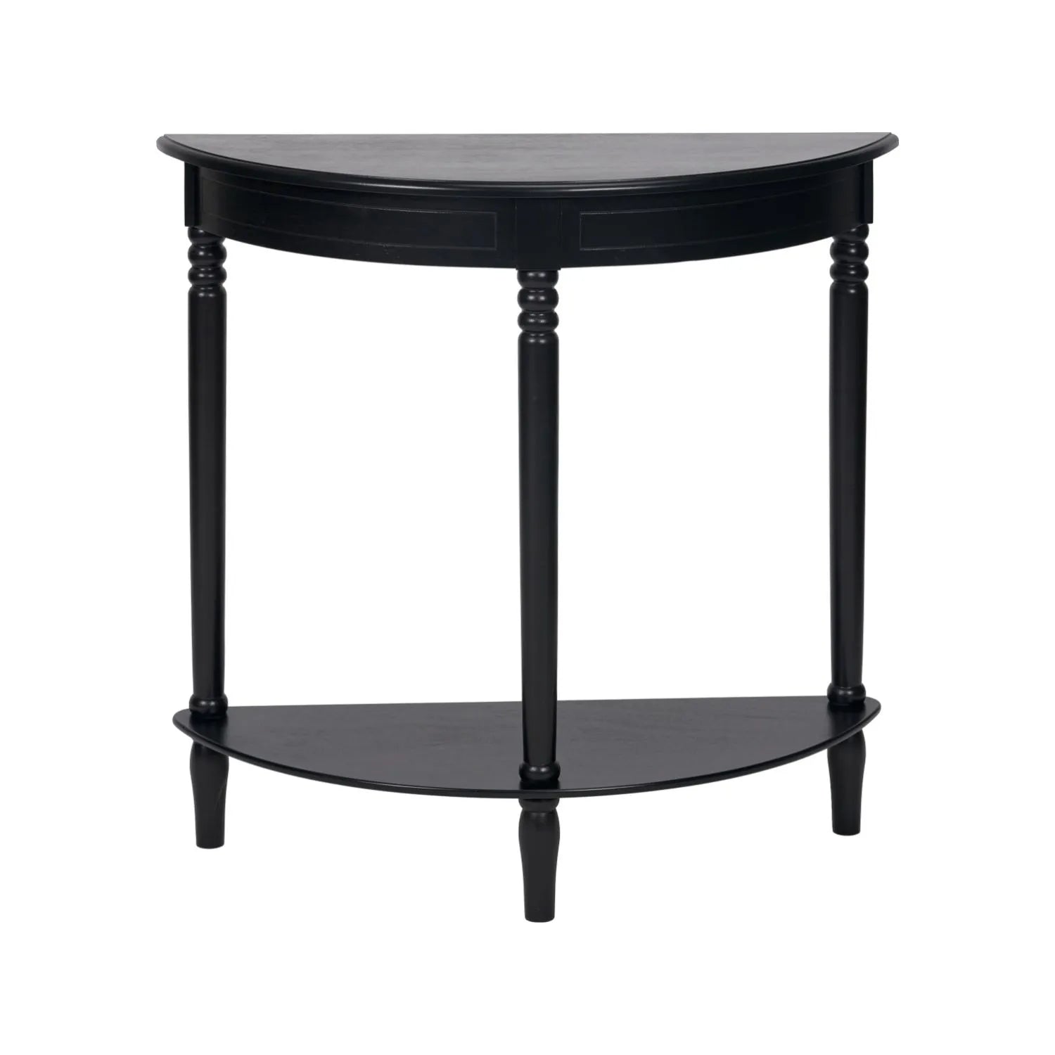 Narrow black wooden half moon console table with lower shelf, slim 30cm pine hallway table with turned legs front 80x80x30cm | Click Style