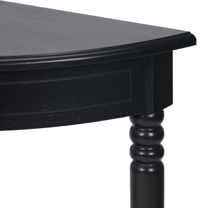 Narrow black wooden half moon console table with lower shelf, slim 30cm pine hallway table with turned legs 80x80x30cm | Click Style