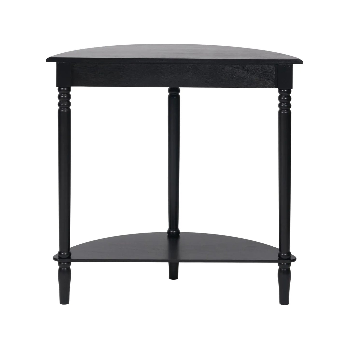 Narrow black wooden half moon console table with lower shelf, slim 30cm pine hallway table with turned legs back 80x80x30cm | Click Style