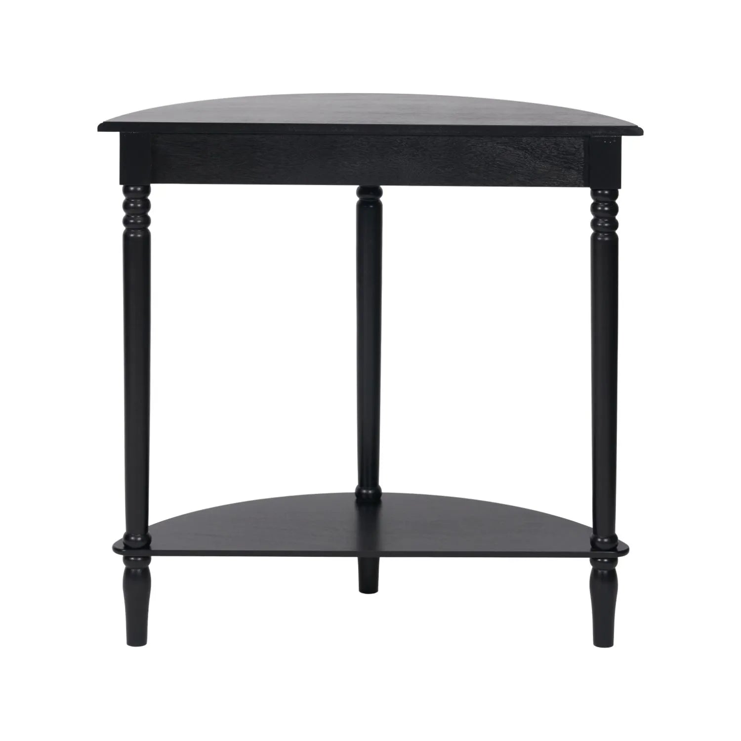 Narrow black wooden half moon console table with lower shelf, slim 30cm pine hallway table with turned legs back 80x80x30cm | Click Style