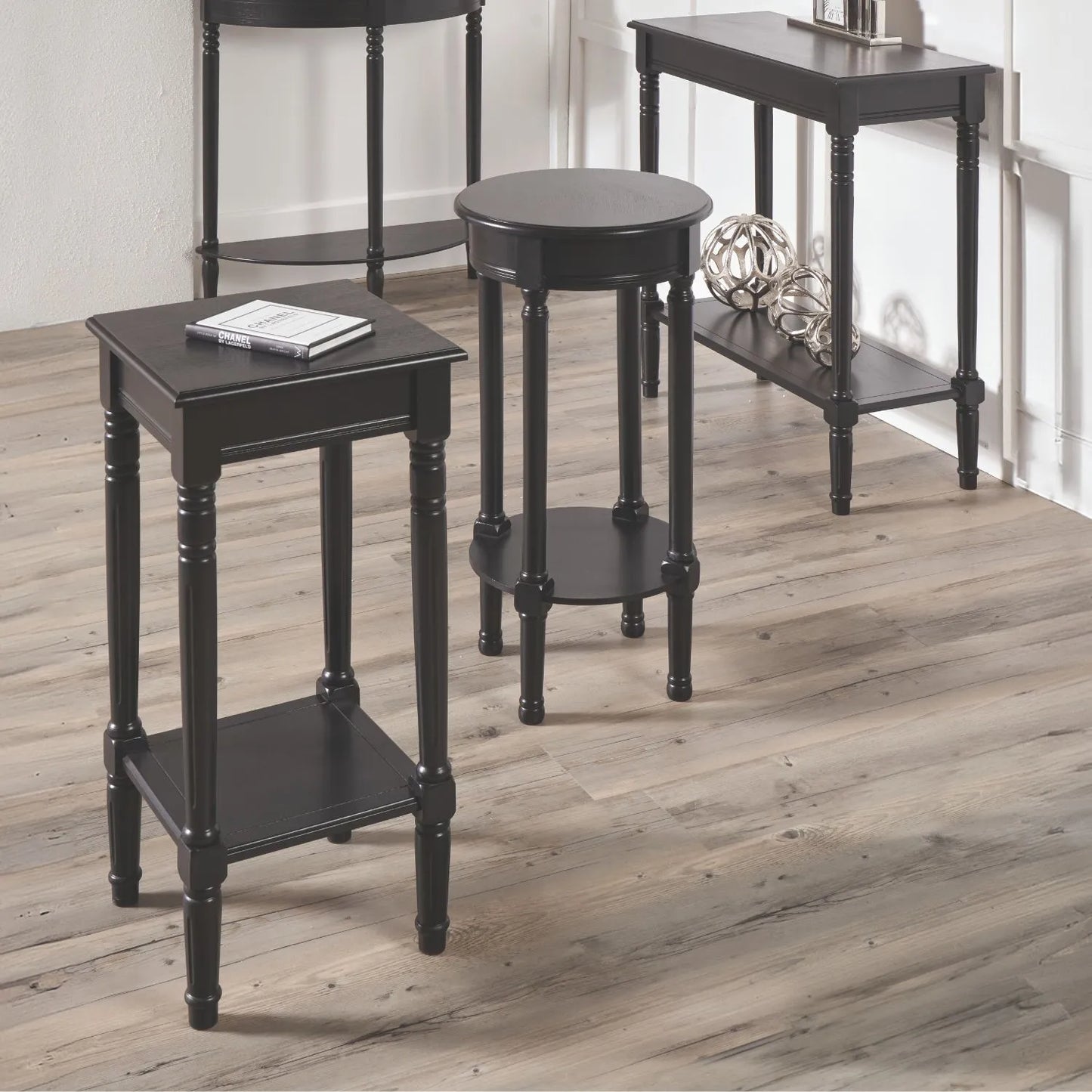 Narrow black wooden half moon console table with lower shelf, slim 30cm pine hallway table with turned legs 80x80x30cm | Click Style