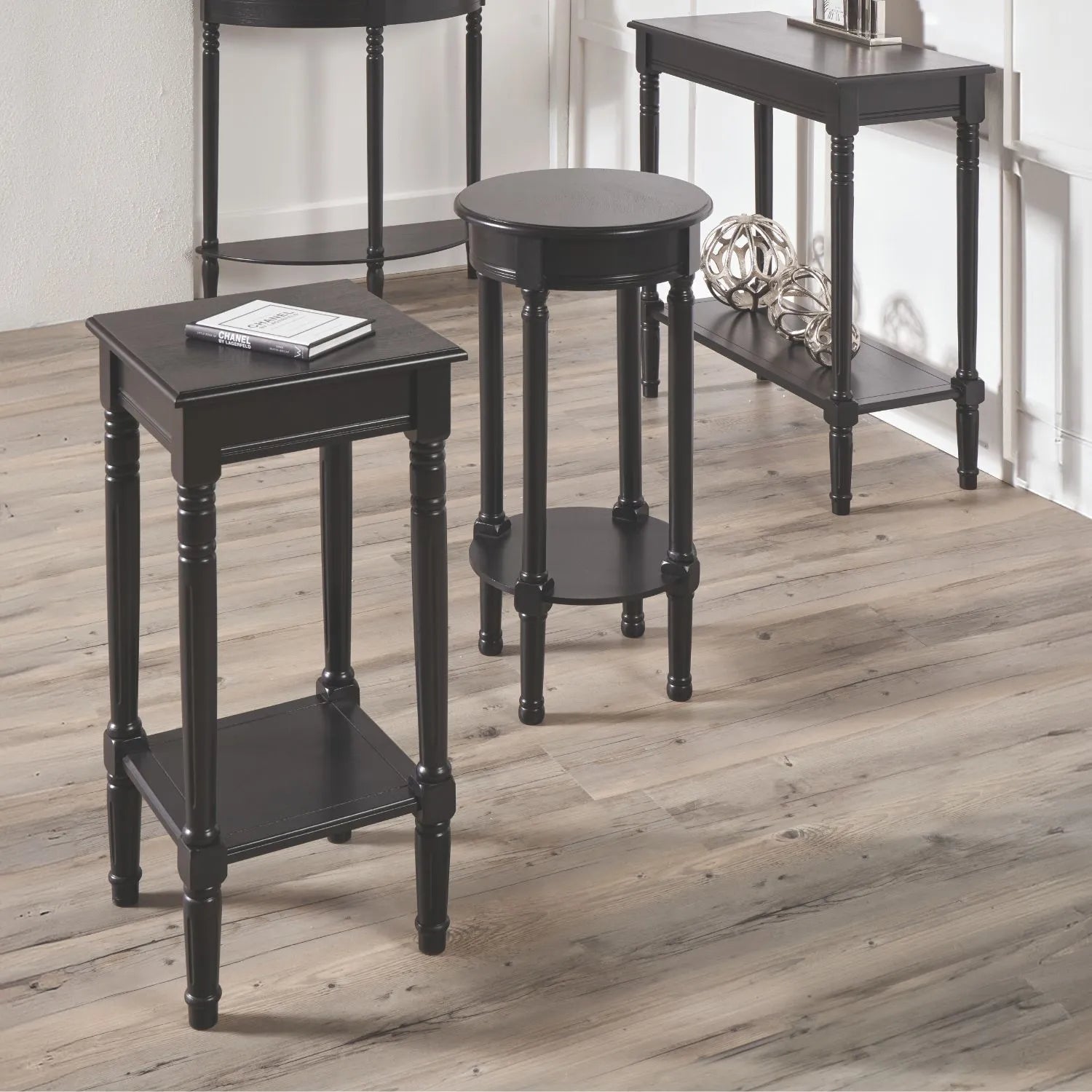 Narrow black wooden half moon console table with lower shelf, slim 30cm pine hallway table with turned legs 80x80x30cm | Click Style