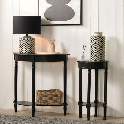 Narrow black wooden half moon console table with lower shelf, slim 30cm pine hallway table with turned legs 80x80x30cm | Click Style