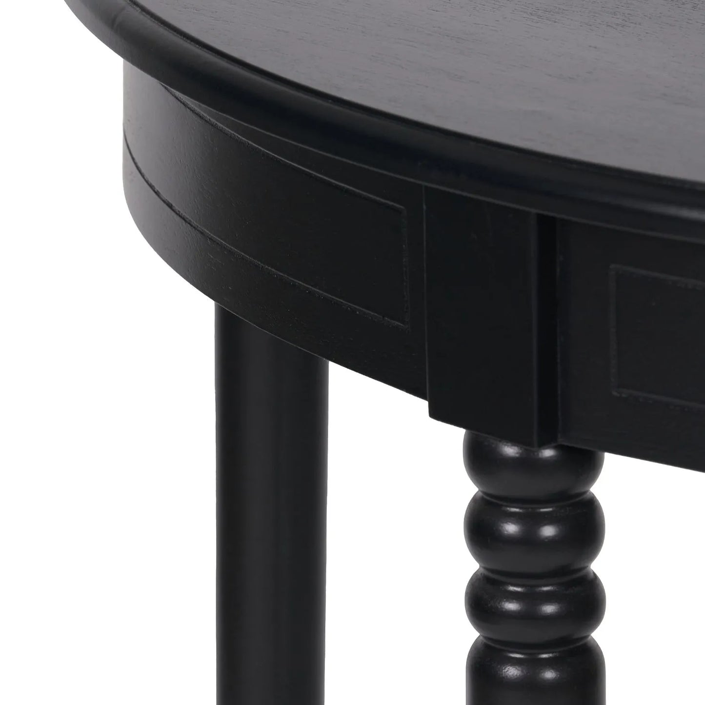 Narrow black wooden half moon console table with lower shelf, slim 30cm pine hallway table with turned legs 80x80x30cm | Click Style
