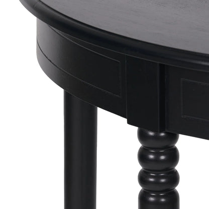 Narrow black wooden half moon console table with lower shelf, slim 30cm pine hallway table with turned legs 80x80x30cm | Click Style