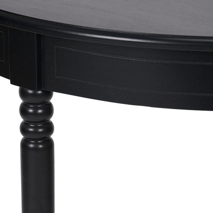 Narrow black wooden half moon console table with lower shelf, slim 30cm pine hallway table with turned legs 80x80x30cm | Click Style