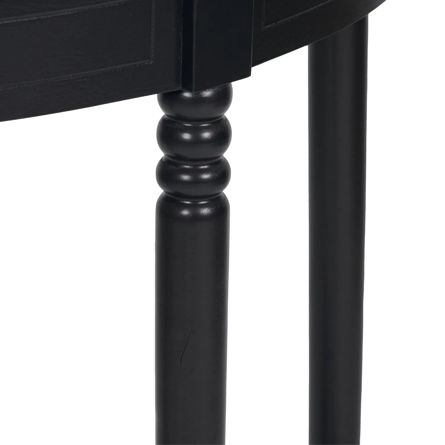 Narrow black wooden half moon console table with lower shelf, slim 30cm pine hallway table with turned legs 80x80x30cm | Click Style