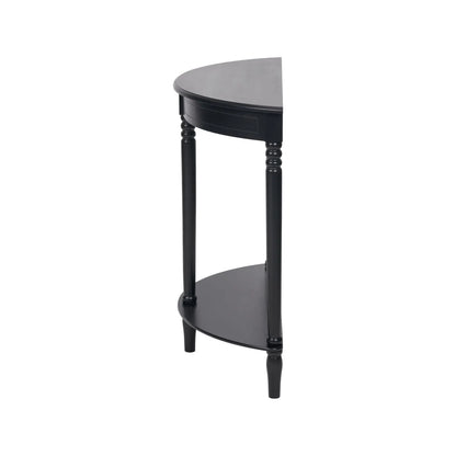 Narrow black wooden half moon console table with lower shelf, slim 30cm pine hallway table with turned legs side 80x80x30cm | Click Style