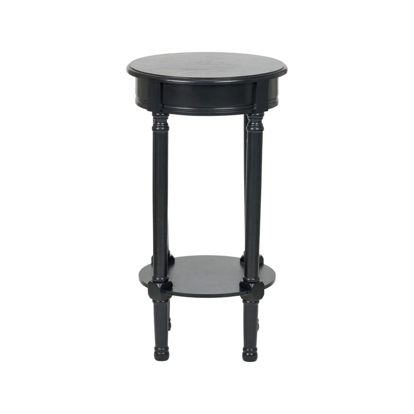 Narrow Black Wooden Round Side Table with Lower Shelf – Slim Pine Bedside, Accent or Occasional Table with Turned Legs Front 72x40x40cm | Click Style