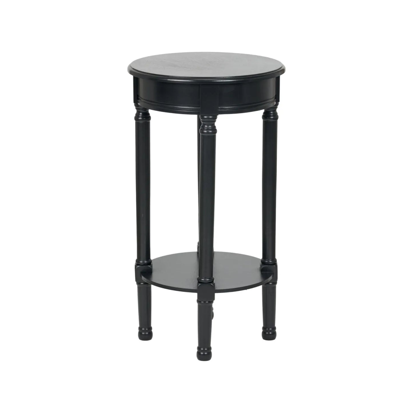 Narrow Black Wooden Round Side Table with Lower Shelf – Slim Pine Bedside, Accent or Occasional Table with Turned Legs 72x40x40cm | Click Style