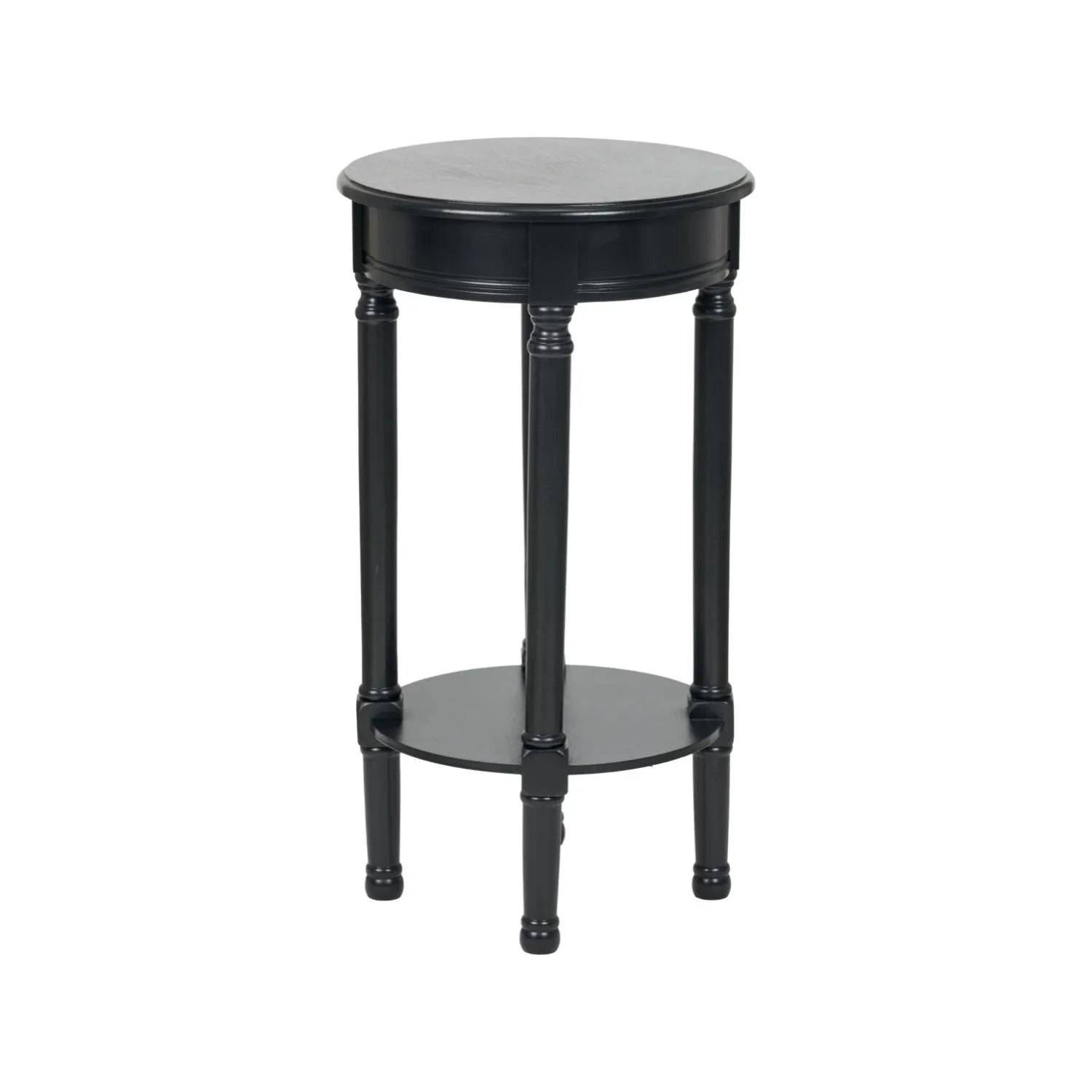Narrow Black Wooden Round Side Table with Lower Shelf – Slim Pine Bedside, Accent or Occasional Table with Turned Legs 72x40x40cm | Click Style