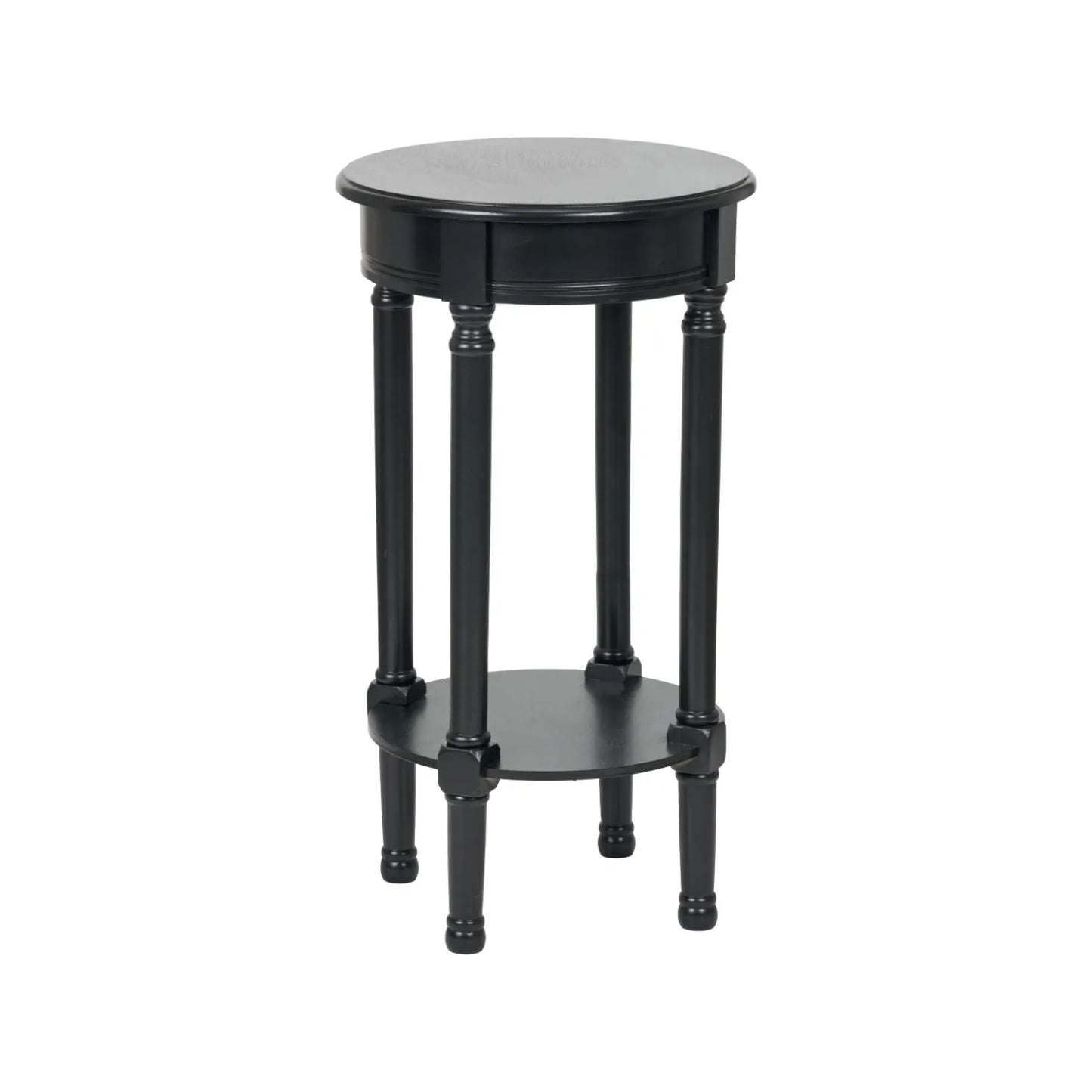 Narrow Black Wooden Round Side Table with Lower Shelf – Slim Pine Bedside, Accent or Occasional Table with Turned Legs 72x40x40cm | Click Style