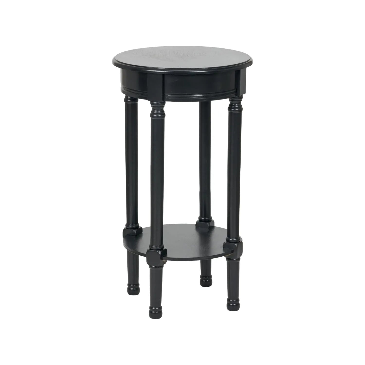 Narrow Black Wooden Round Side Table with Lower Shelf – Slim Pine Bedside, Accent or Occasional Table with Turned Legs 72x40x40cm | Click Style