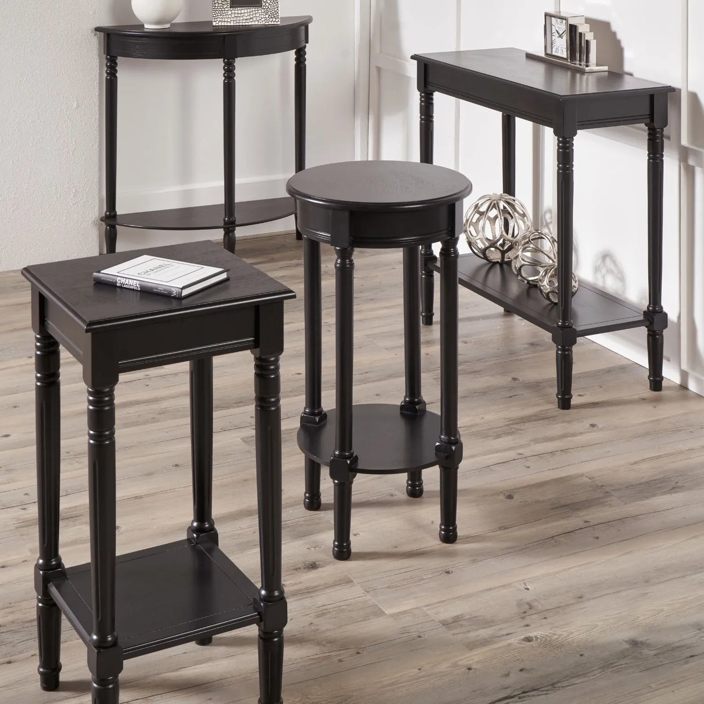 Narrow Black Wooden Round Side Table with Lower Shelf – Slim Pine Bedside, Accent or Occasional Table with Turned Legs 72x40x40cm | Click Style