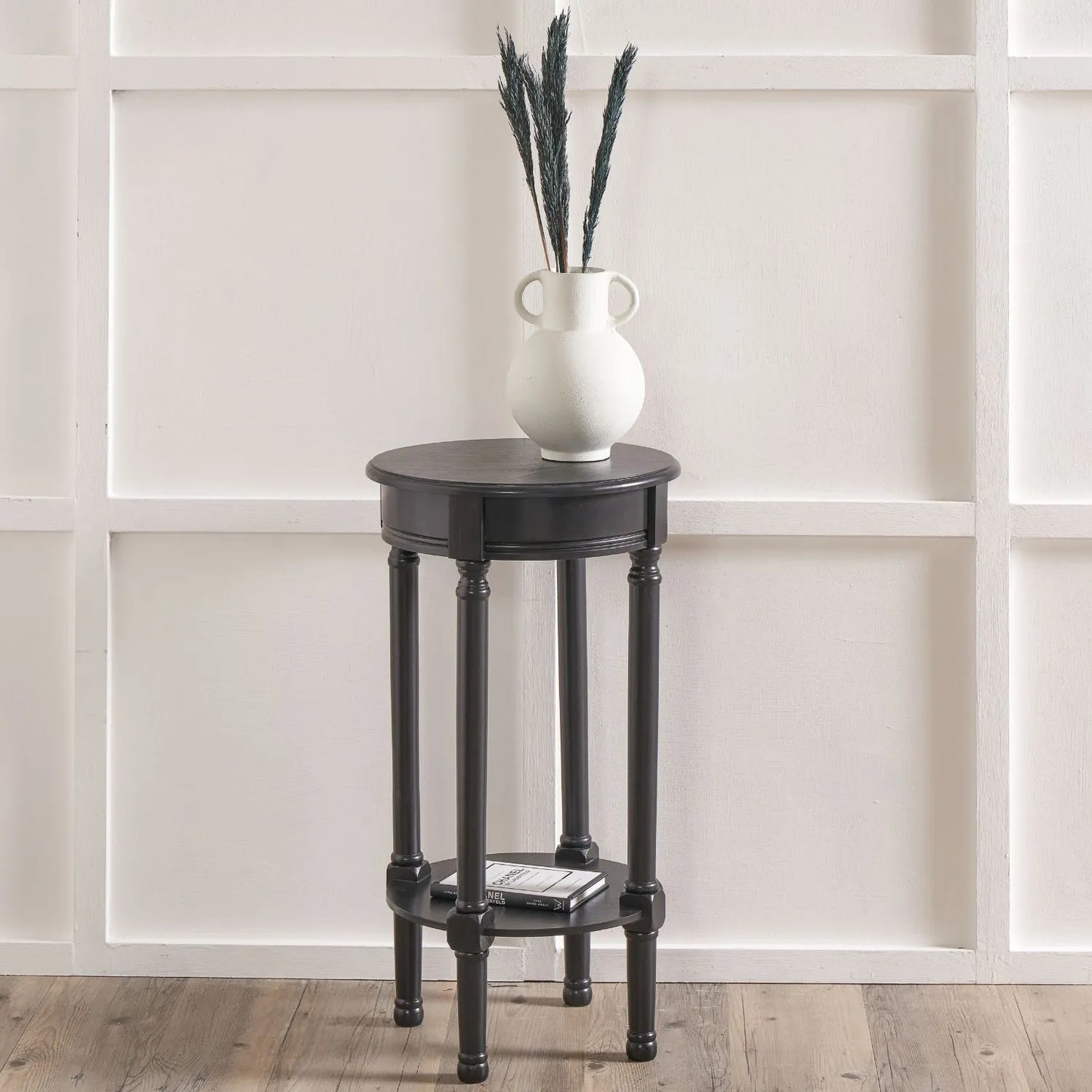 Narrow Black Wooden Round Side Table with Lower Shelf – Slim Pine Bedside, Accent or Occasional Table with Turned Legs 72x40x40cm | Click Style