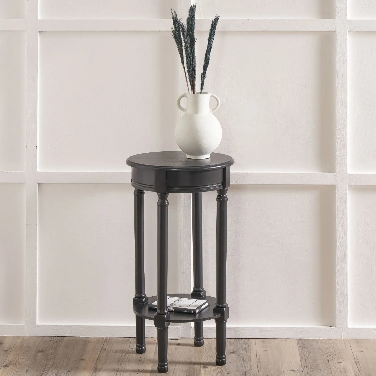 Narrow Black Wooden Round Side Table with Lower Shelf – Slim Pine Bedside, Accent or Occasional Table with Turned Legs 72x40x40cm | Click Style