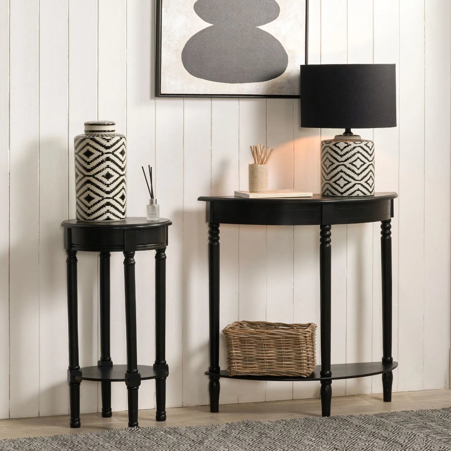 Narrow Black Wooden Round Side Table with Lower Shelf – Slim Pine Bedside, Accent or Occasional Table with Turned Legs 72x40x40cm | Click Style