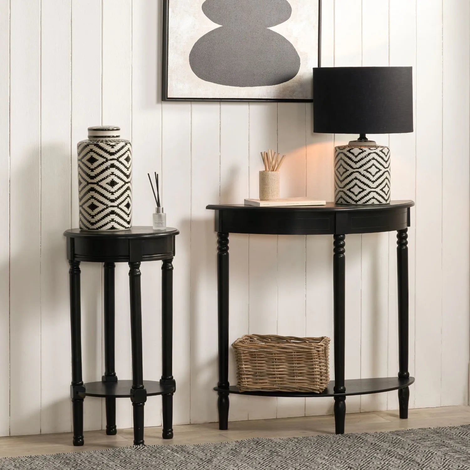 Narrow Black Wooden Round Side Table with Lower Shelf – Slim Pine Bedside, Accent or Occasional Table with Turned Legs 72x40x40cm | Click Style