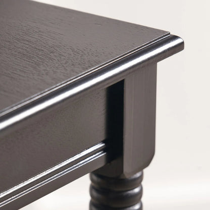 Narrow black wooden side table with shelf – slim pine bedside table with turned legs and lower storage 71x36x36cm | Click Style