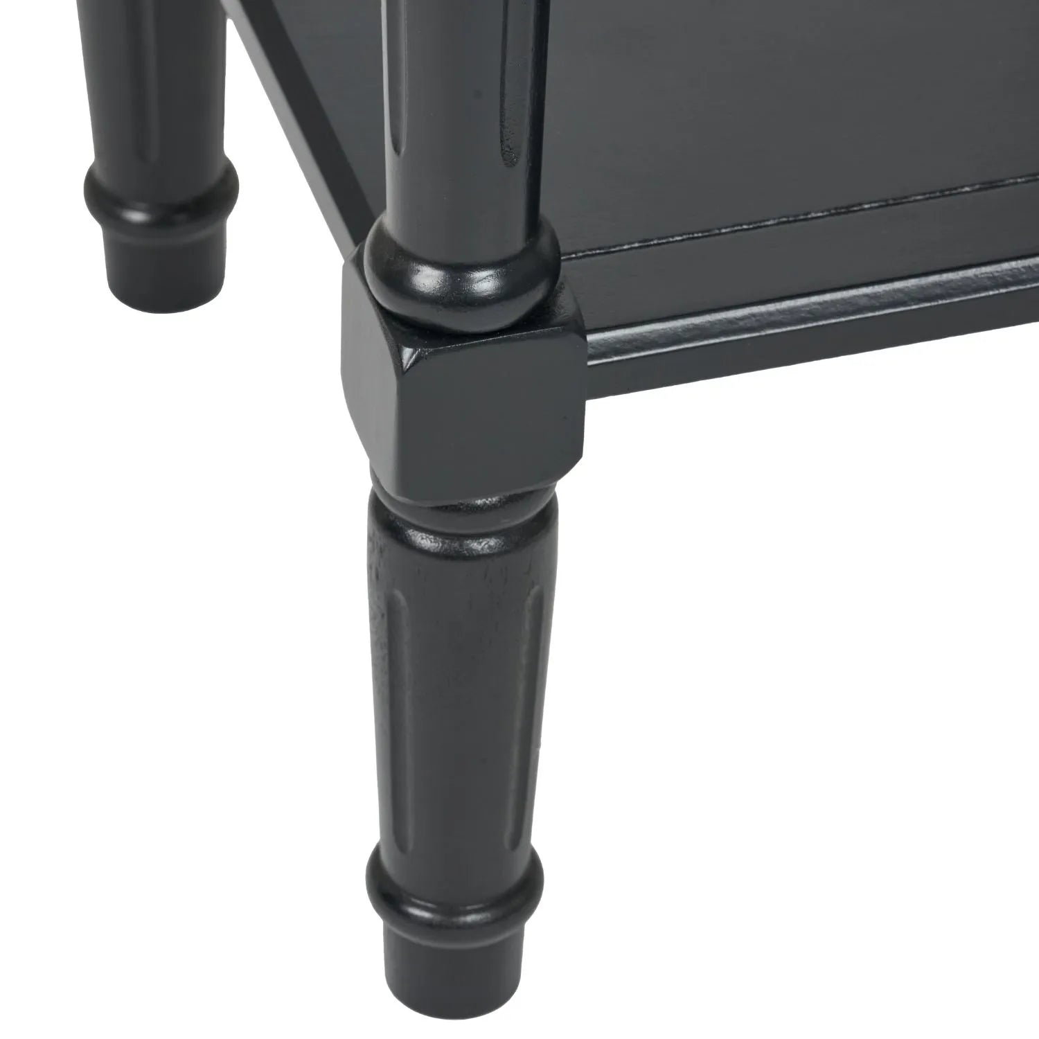 Narrow black wooden side table with shelf – slim pine bedside table with turned legs and lower storage 71x36x36cm | Click Style