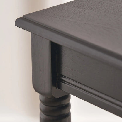 Narrow black wooden side table with shelf – slim pine bedside table with turned legs and lower storage 71x36x36cm | Click Style